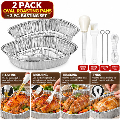 Large Oval Turkey Roaster Pan With Basting Set 5 Pieces Aluminum Disposable Roasting Pans VeZee