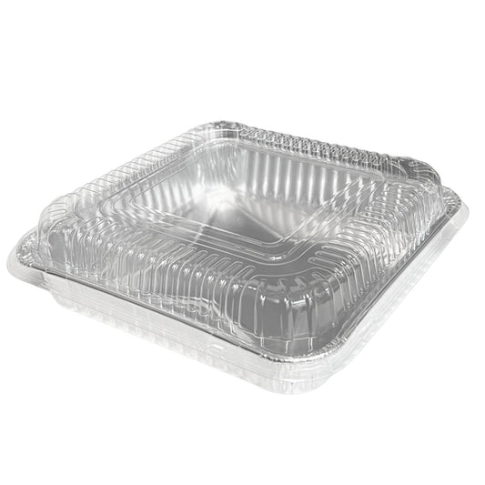 Rectangular aluminum food container with a clear lid on a white background