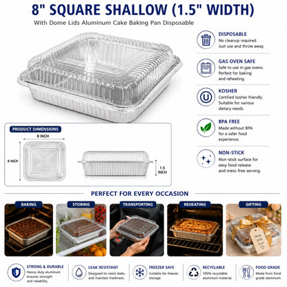 8" SHALLOW (1.5" width) With Dome Lids Aluminum Cake Baking Pan Disposable Disposable Square Cake Pan VeZee