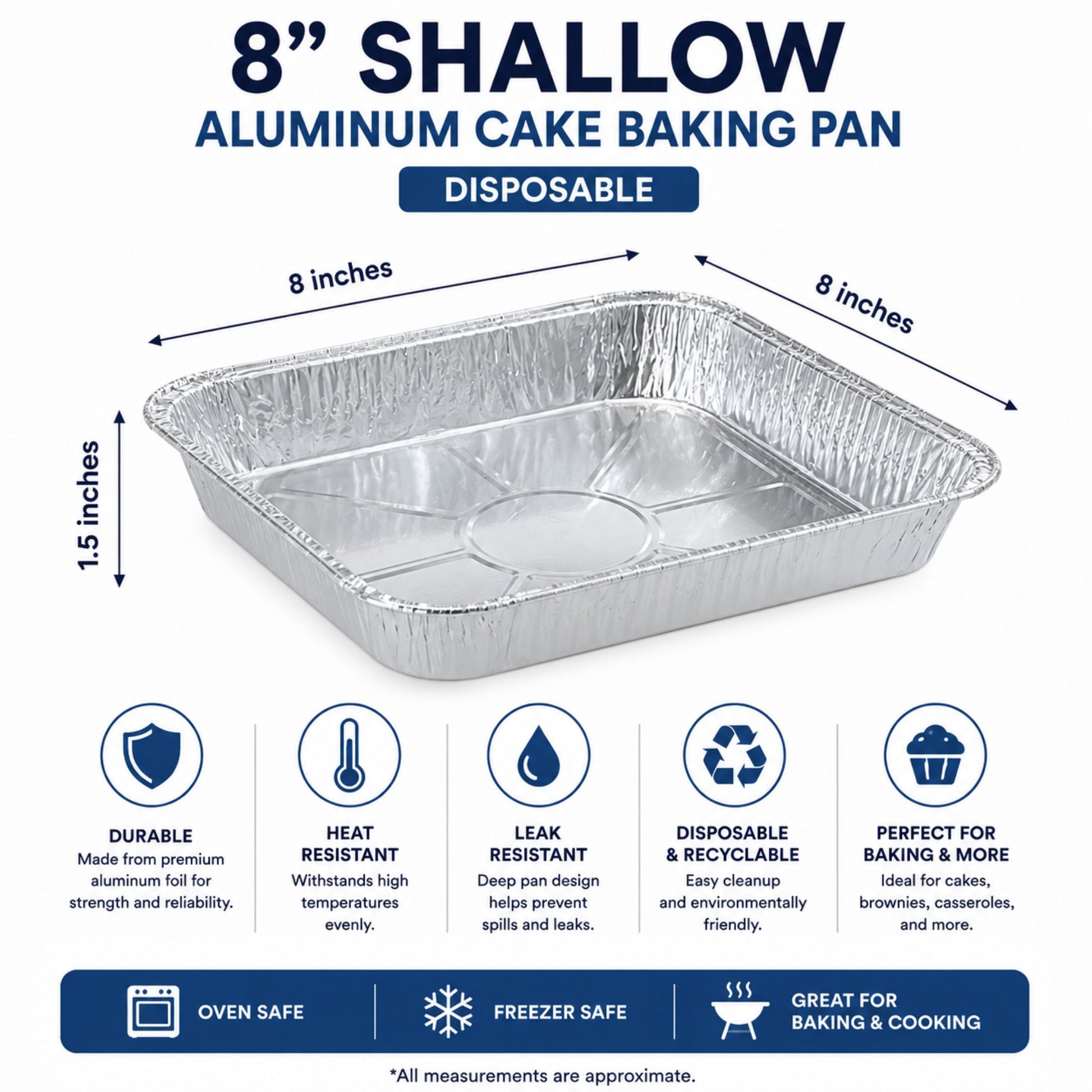 8" SHALLOW (1.5" width) With Dome Lids Aluminum Cake Baking Pan Disposable Disposable Square Cake Pan VeZee