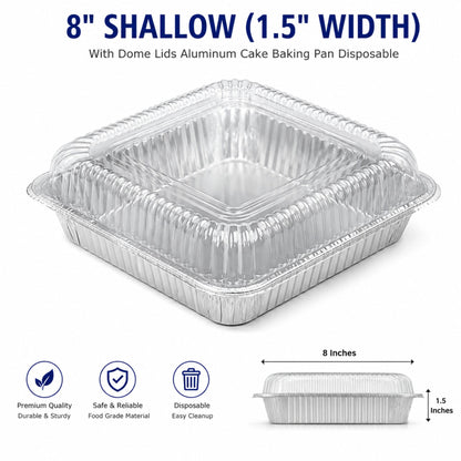 8" SHALLOW (1.5" width) With Dome Lids Aluminum Cake Baking Pan Disposable Disposable Square Cake Pan VeZee