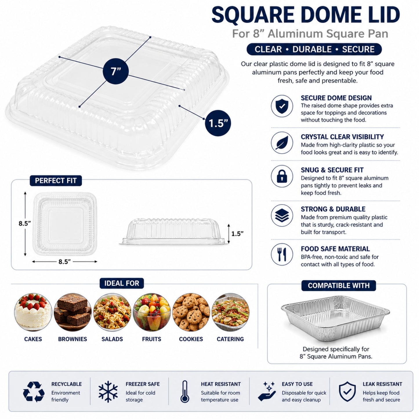 8" SHALLOW (1.5" width) With Dome Lids Aluminum Cake Baking Pan Disposable Disposable Square Cake Pan VeZee