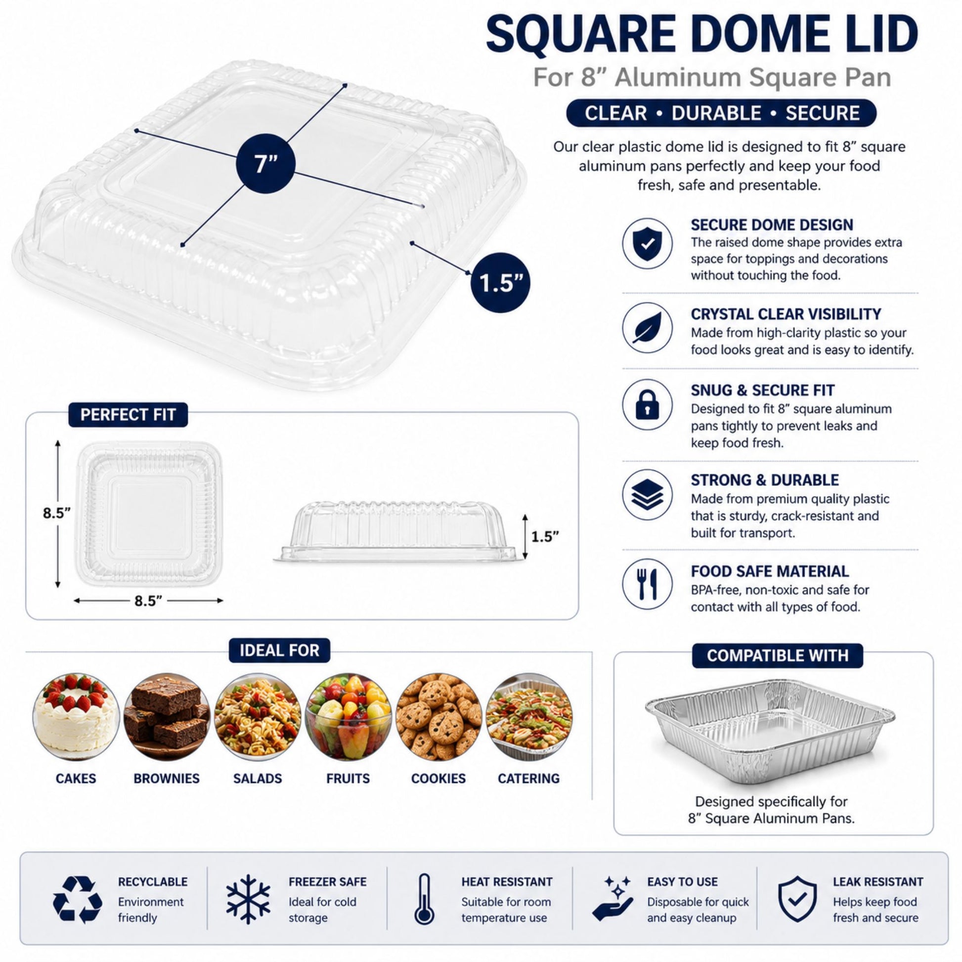 8" SHALLOW (1.5" width) With Dome Lids Aluminum Cake Baking Pan Disposable Disposable Square Cake Pan VeZee