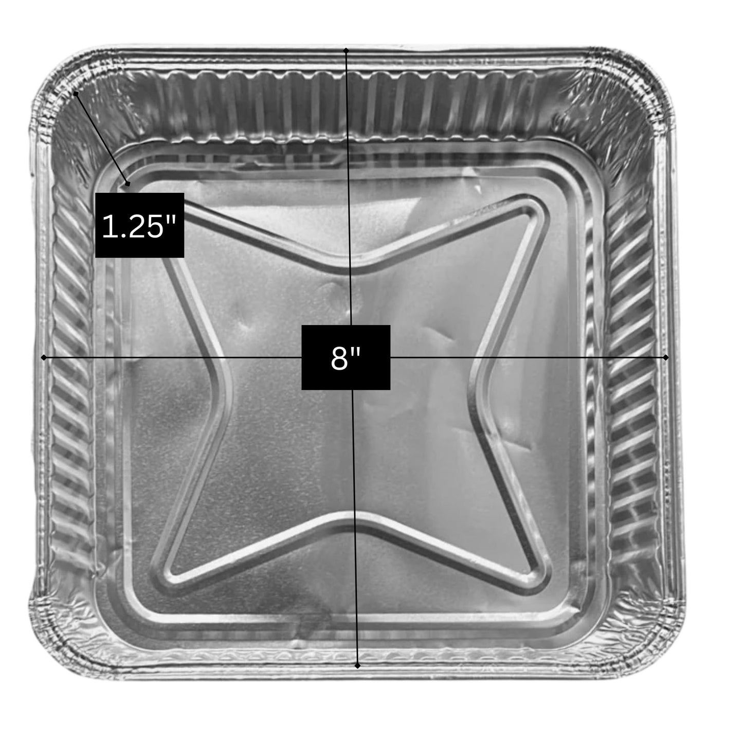 Aluminum foil tray with dimensions labeled on a white background
