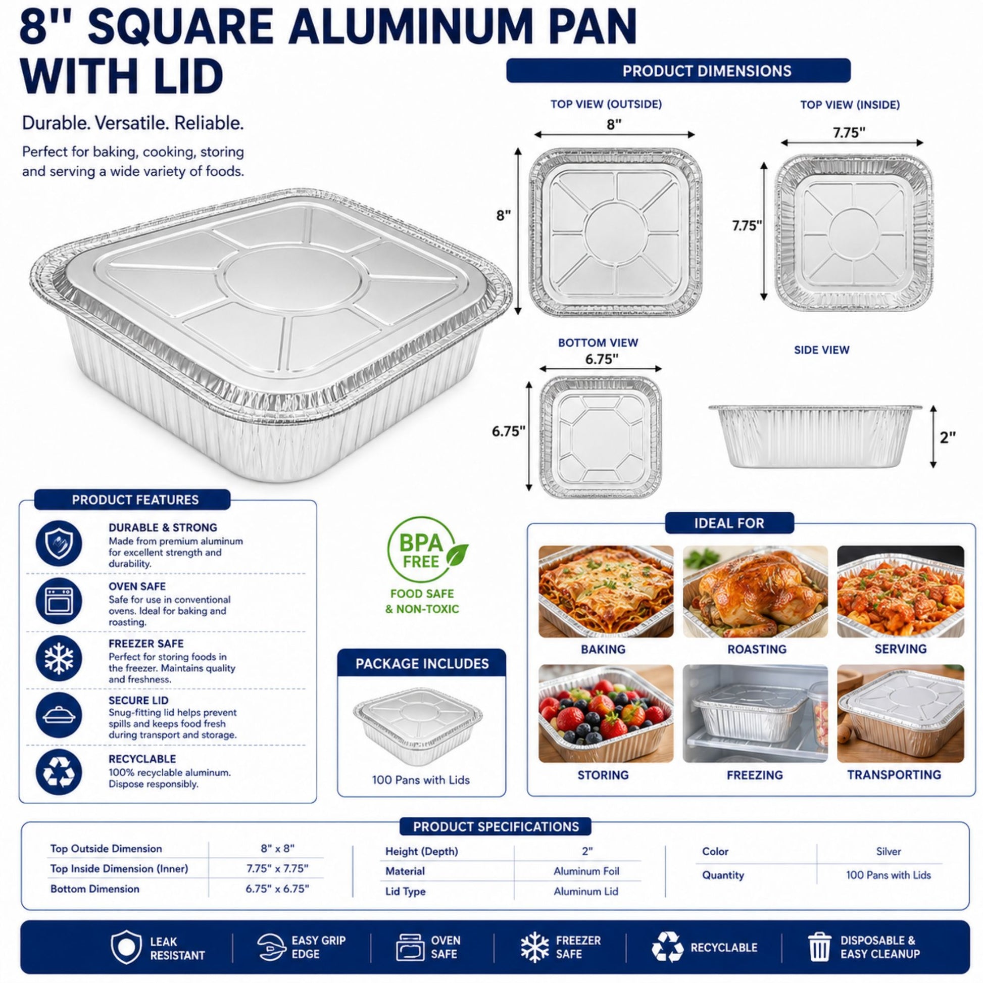 *WHOLESALE* 8.25"x8.25" Square Aluminum Foil Lids for 8X8 Square Pan 500/Case Disposable Lids VeZee
