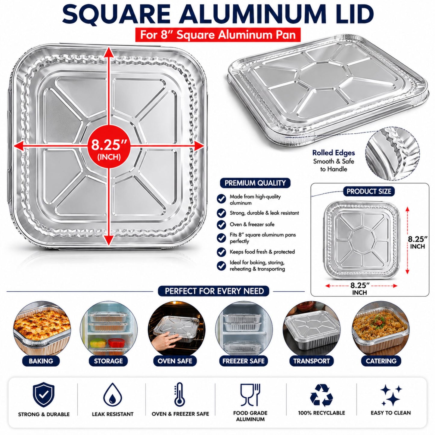 *WHOLESALE* 8.25"x8.25" Square Aluminum Foil Lids for 8X8 Square Pan 500/Case Disposable Lids VeZee