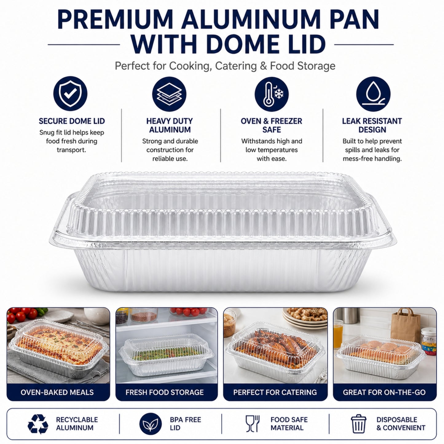 9×13 Deep Half Size Regular Weight Aluminum Pans with Dome Lids Aluminum Pan with Lids VeZee
