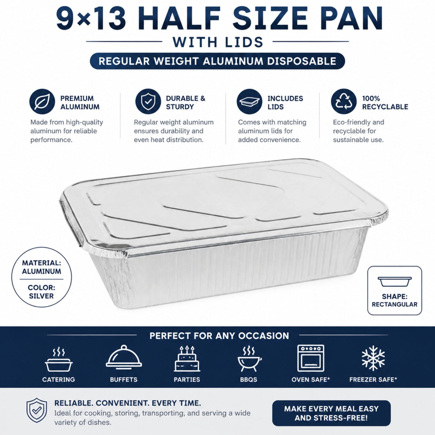 9×13 Half Size Pans with Lids Regular Weight Aluminum Disposable Aluminum Pan with Lids VeZee