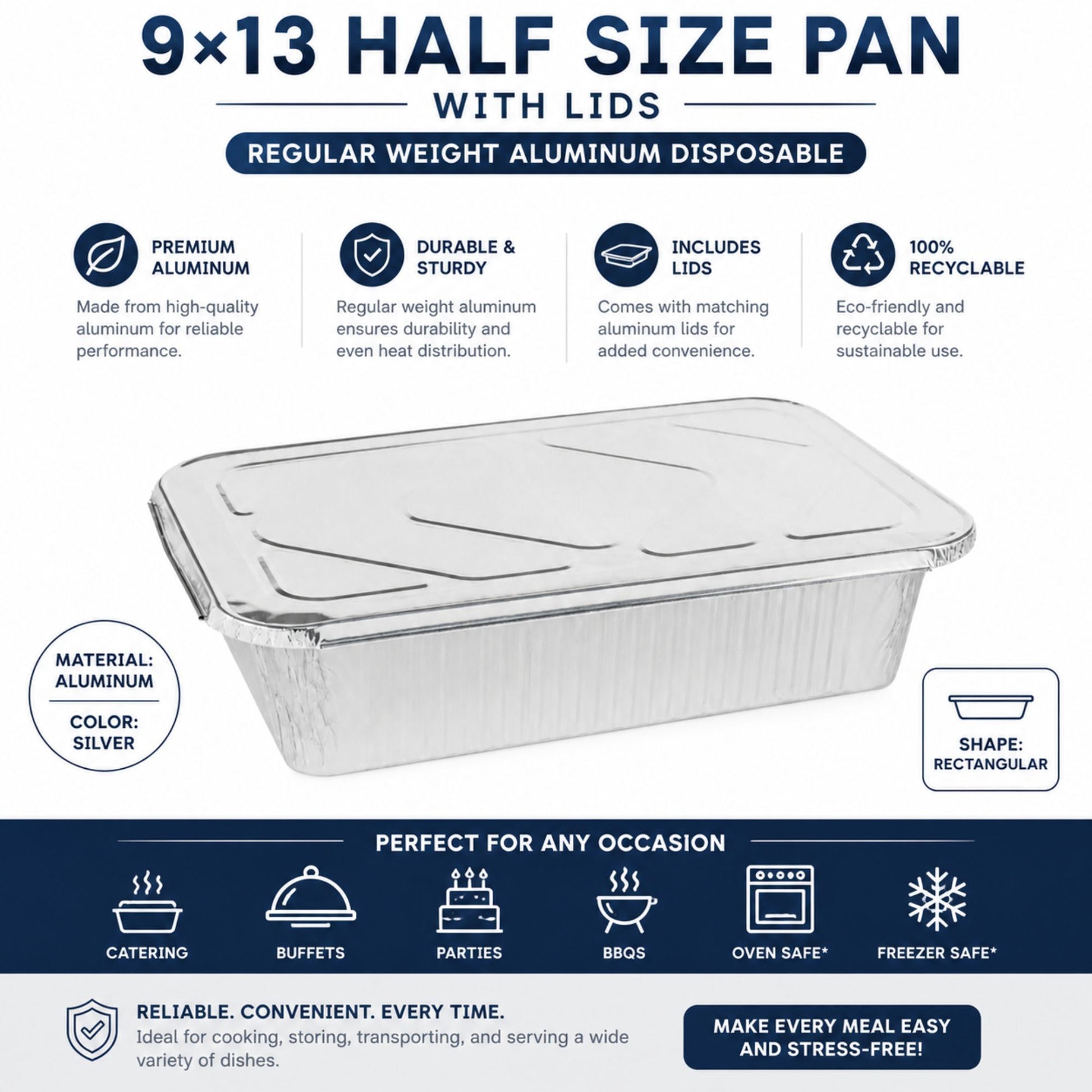 9×13 Half Size Pans with Lids Regular Weight Aluminum Disposable Aluminum Pan with Lids VeZee