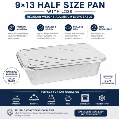 9×13 Half Size Pans with Lids Regular Weight Aluminum Disposable Aluminum Pan with Lids VeZee