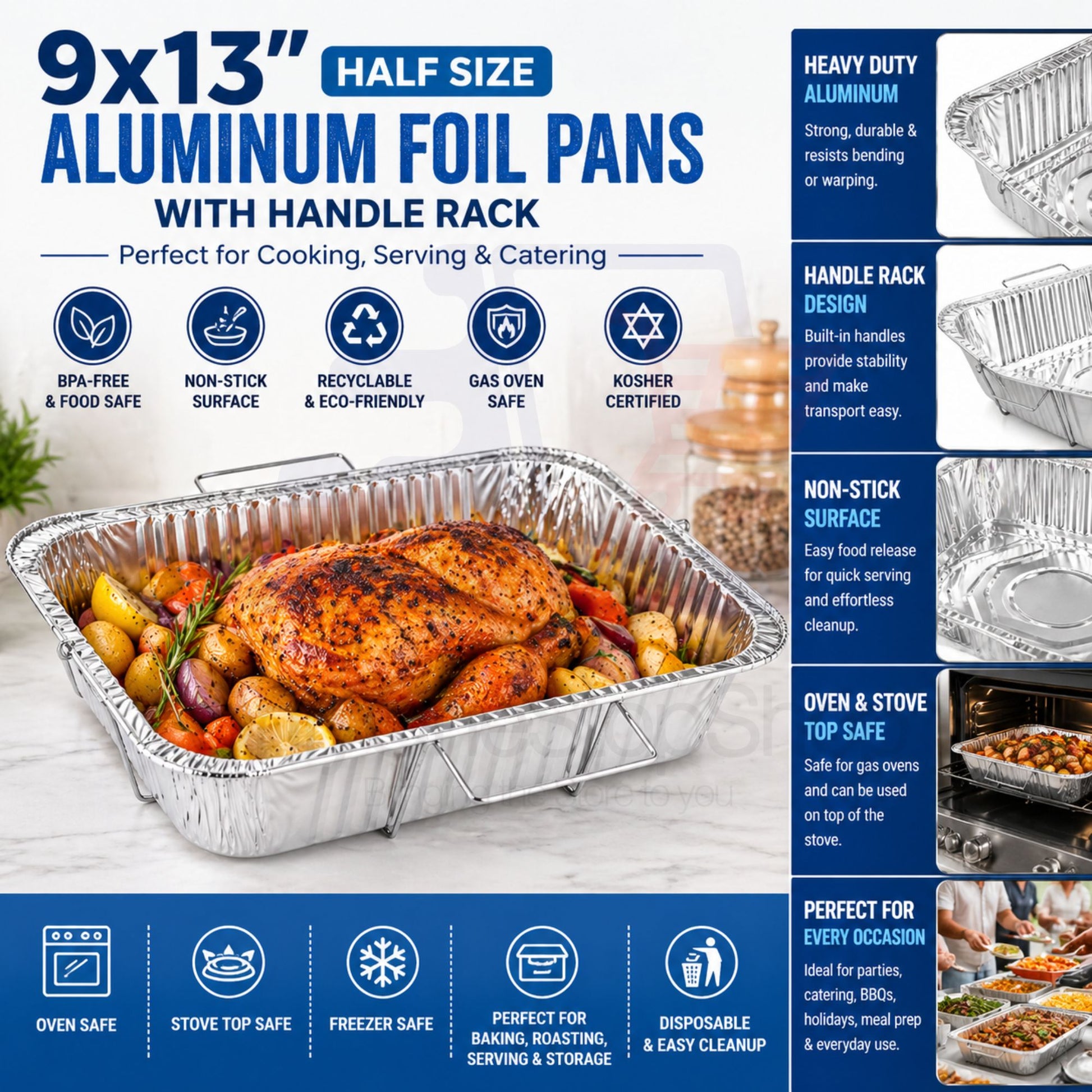 9X13 inches Half Size Pans with Handle Rack Disposable Aluminum Half Size Pans VeZee