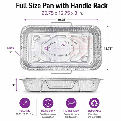 Full Size Pans with Handle Rack 20.75X12.75X3 in. Disposable Aluminum Full Size Pans VeZee