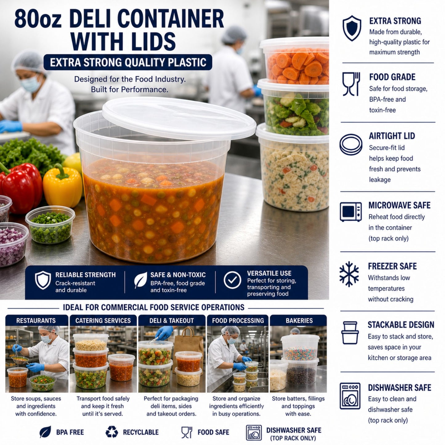 80 oz Deli Containers with Lids Extra Strong Plastic Leak Resistant Food Storage & Serving VeZee