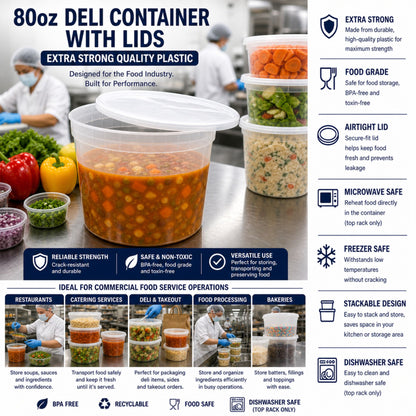 80 oz Deli Containers with Lids Extra Strong Plastic Leak Resistant Food Storage & Serving VeZee