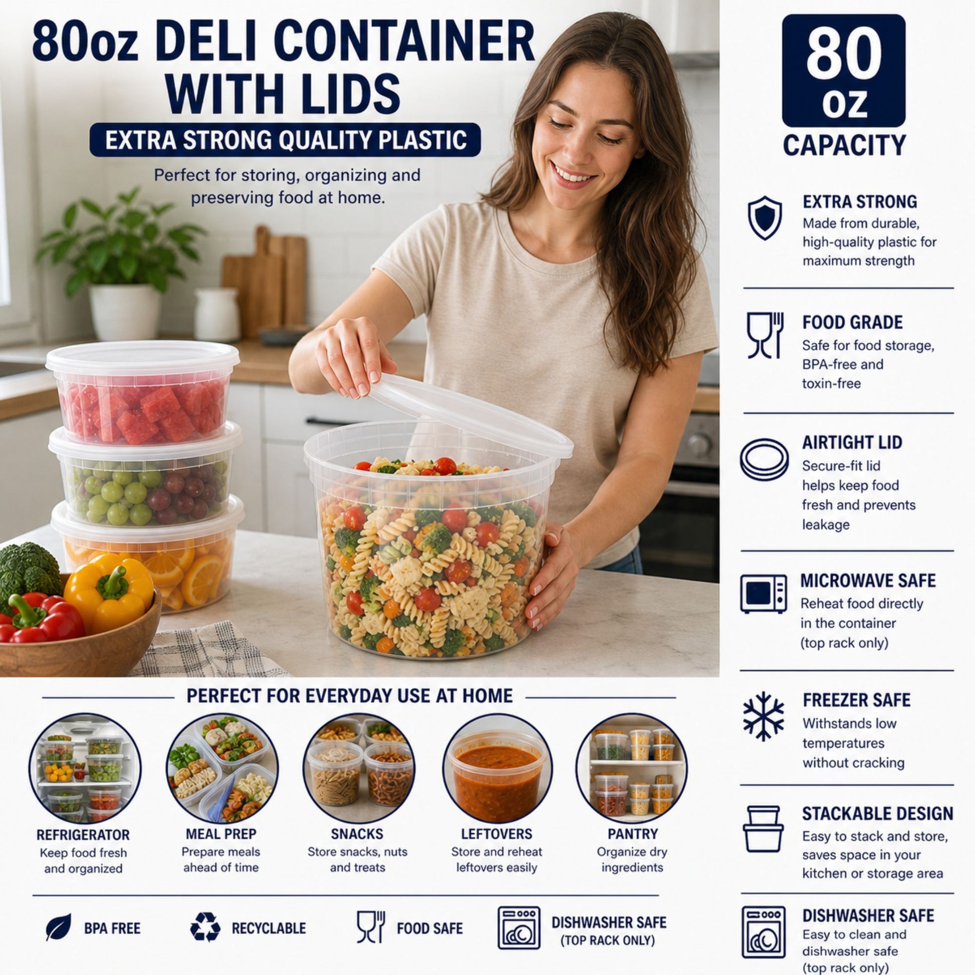80 oz Deli Containers with Lids Extra Strong Plastic Leak Resistant Food Storage & Serving VeZee