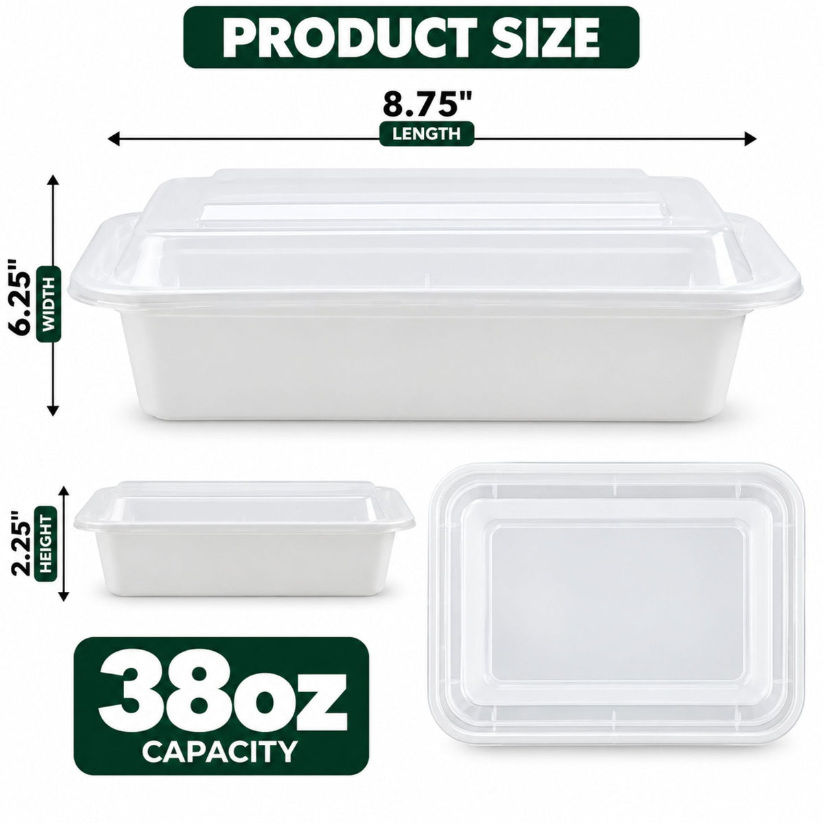 38oz Container With Lid Extra Strong White Rectangular Meal Prep Plastic Food Storage & Serving VeZee
