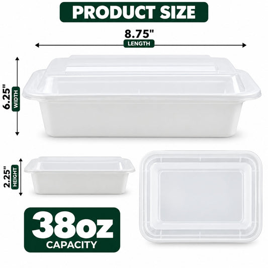 38oz Container With Lid Extra Strong White Rectangular Meal Prep Plastic Food Storage & Serving VeZee