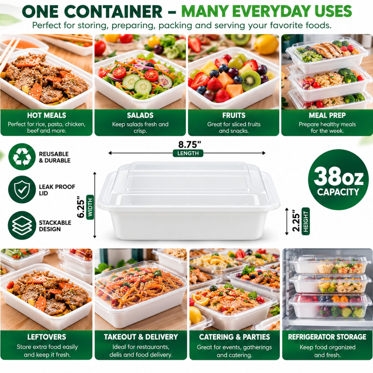 38oz Container With Lid Extra Strong White Rectangular Meal Prep Plastic Food Storage & Serving VeZee