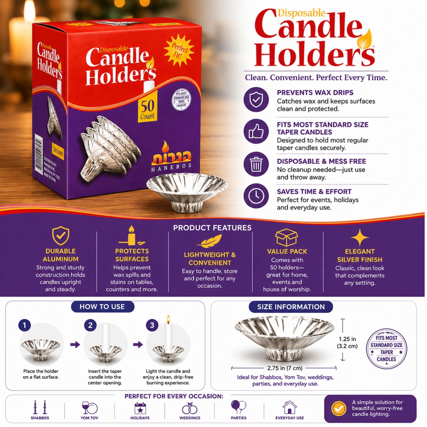 50 Count Disposable Candle Holders for Standard Taper Candles Silver Plastic Holders Disposable Candle Holders VeZee