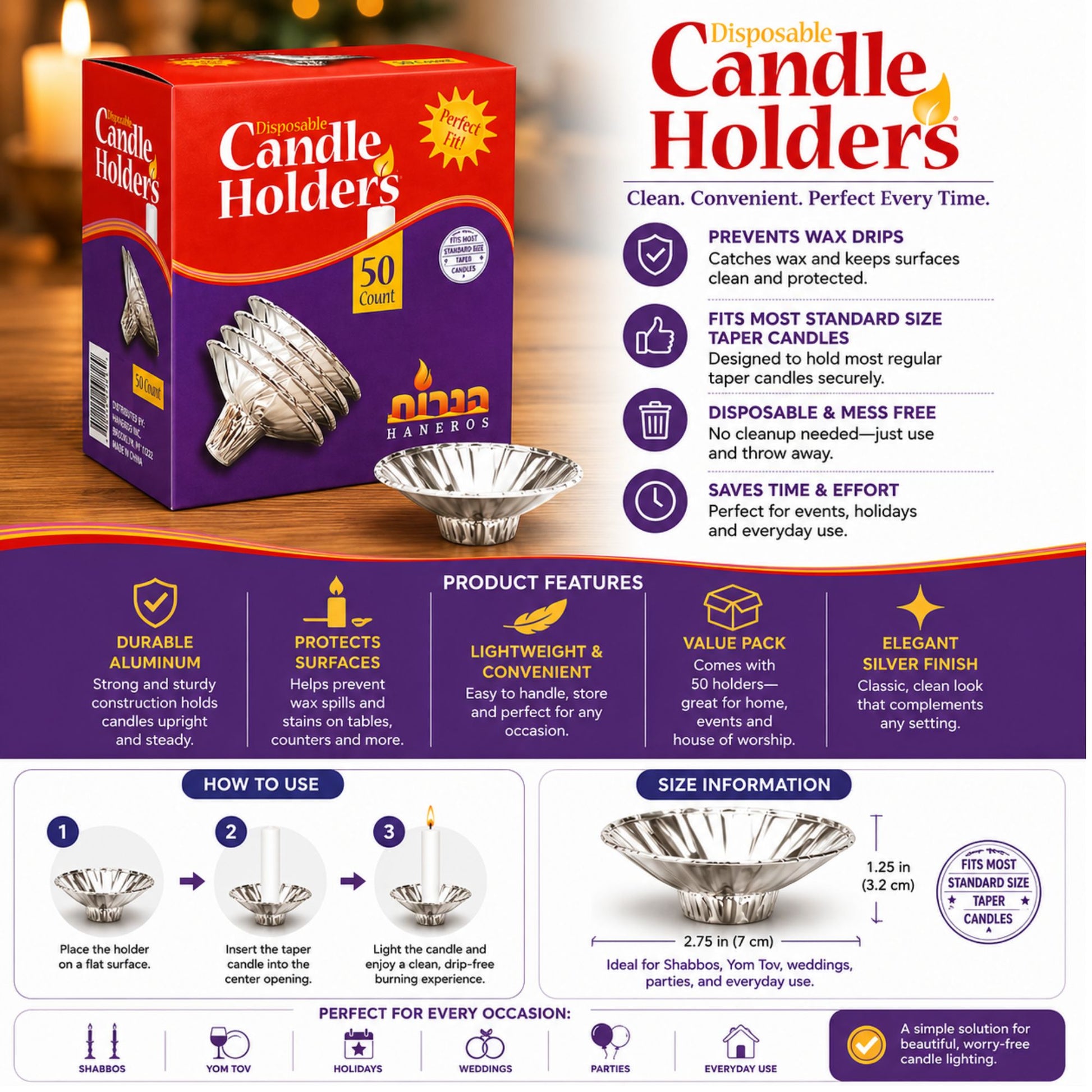 50 Count Disposable Candle Holders for Standard Taper Candles Silver Plastic Holders Disposable Candle Holders VeZee