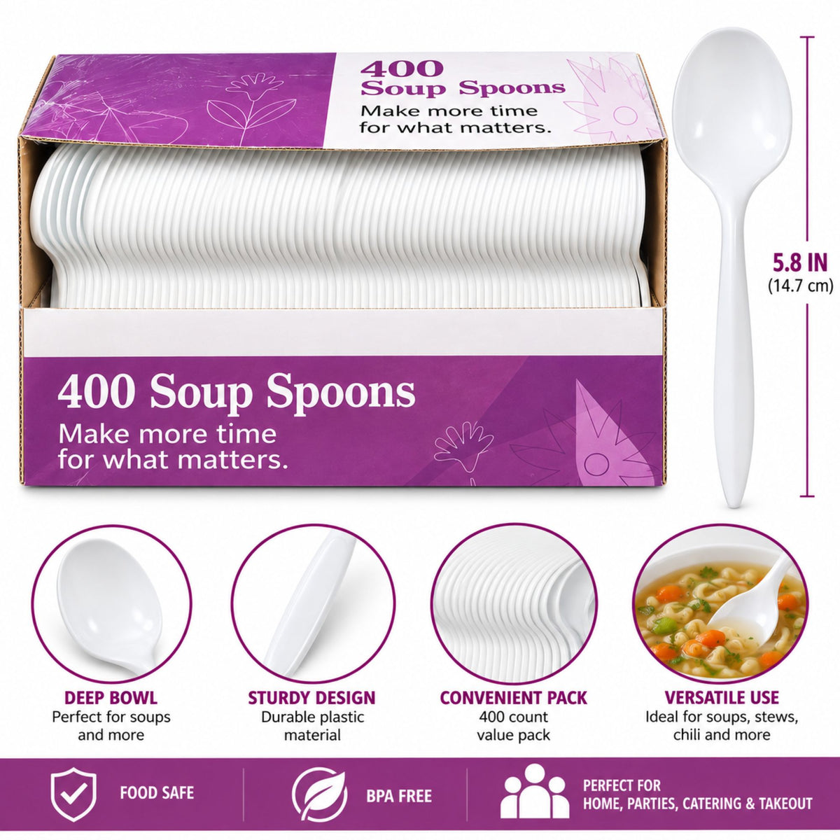 400 Count White Plastic Soup Spoons – Disposable Spoons for Soup, Takeout, Catering & Parties Disposable Spoons VeZee