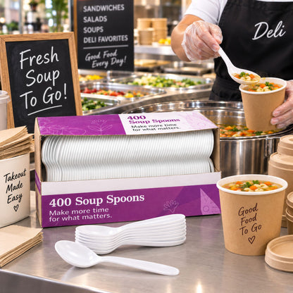 400 Count White Plastic Soup Spoons – Disposable Spoons for Soup, Takeout, Catering & Parties Disposable Spoons VeZee
