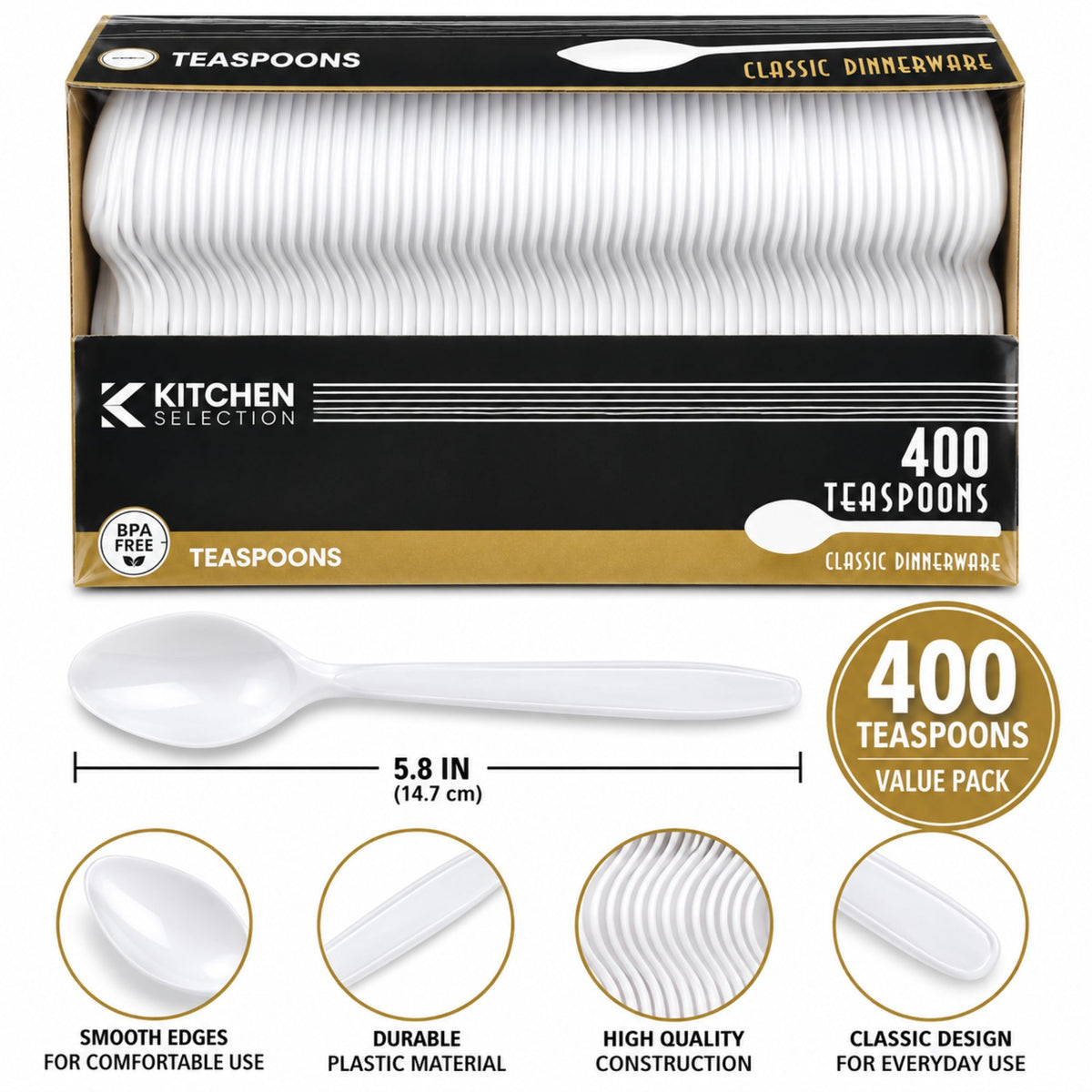Kitchen Selection 400 Count White Plastic Teaspoons – Disposable BPA-Free Spoons for Parties, Catering & Takeout Disposable Spoons VeZee