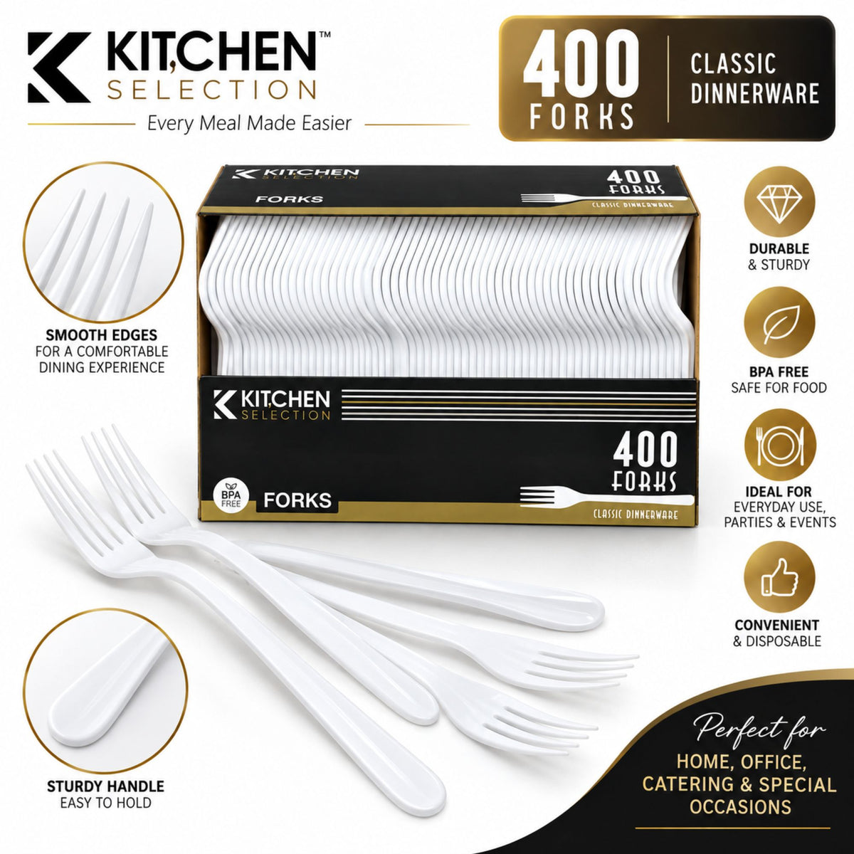 Kitchen Selection 400 Count White Plastic Forks – Disposable BPA-Free Forks for Parties, Catering & Takeout Disposable Forks VeZee