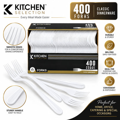 Kitchen Selection 400 Count White Plastic Forks – Disposable BPA-Free Forks for Parties, Catering & Takeout Disposable Forks VeZee