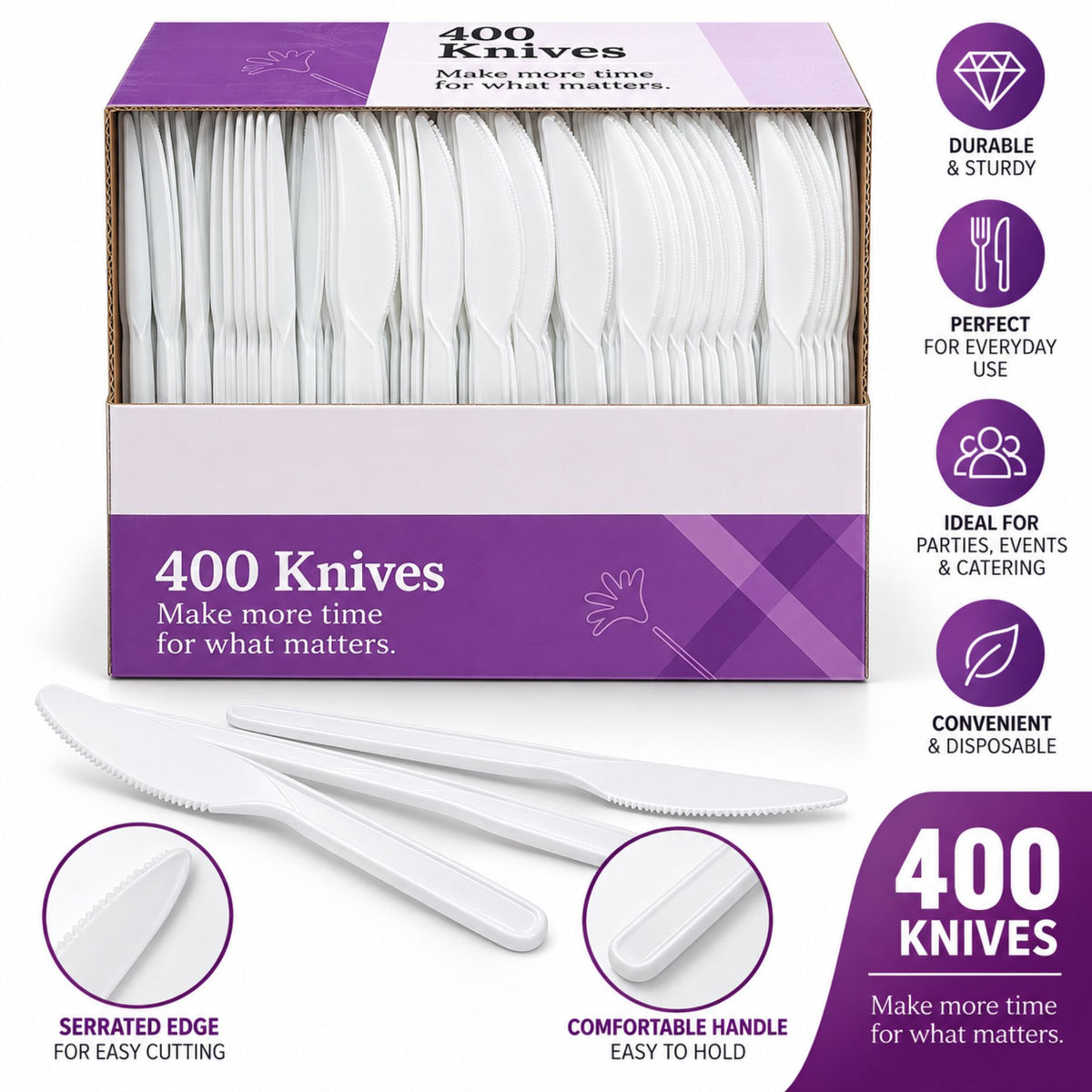 400 Count White Plastic Knives – Disposable Knives for Parties, Catering, Takeout & Food Service Disposable Knives VeZee
