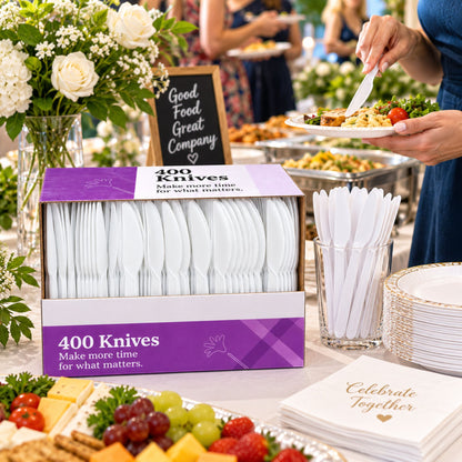 400 Count White Plastic Knives – Disposable Knives for Parties, Catering, Takeout & Food Service Disposable Knives VeZee