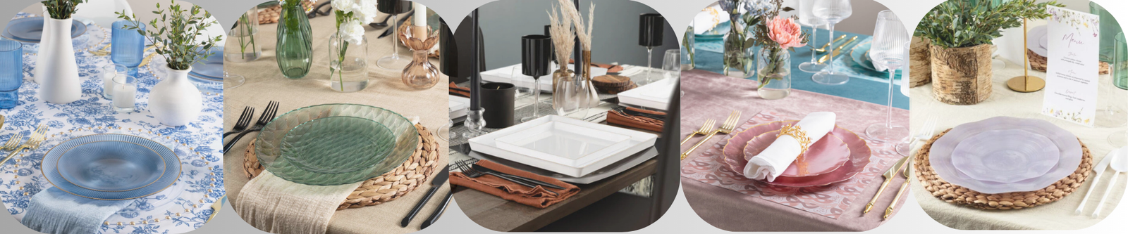 Collage of dining table settings with plates, cutlery, and decorative items.