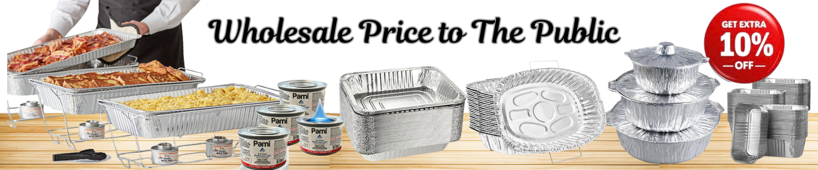 Aluminum food containers and pans on a wooden surface with promotional text overlay.
