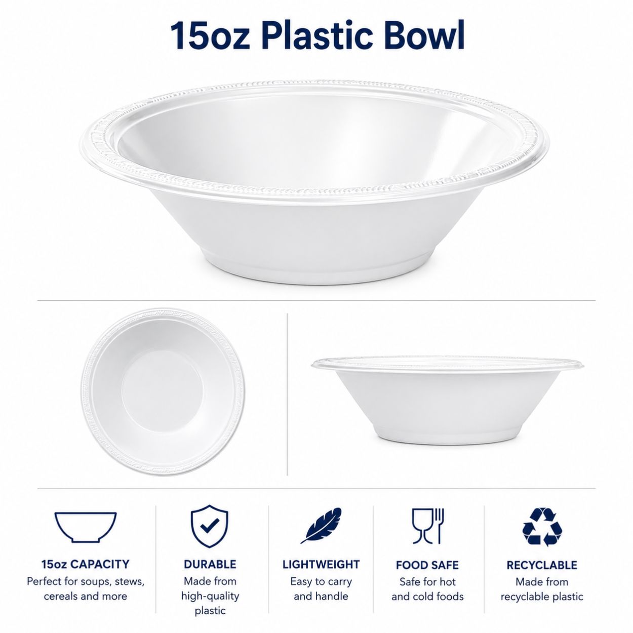 15oz Plastic Bowl White | Elegant and Disposable Bowls Party Dimensions