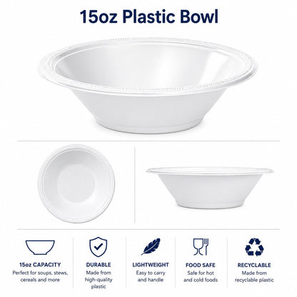 15oz Plastic Bowl White | Elegant and Disposable Bowls Party Dimensions