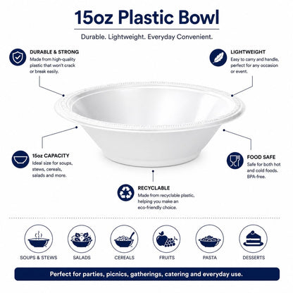 15oz Plastic Bowl White | Elegant and Disposable Bowls Party Dimensions