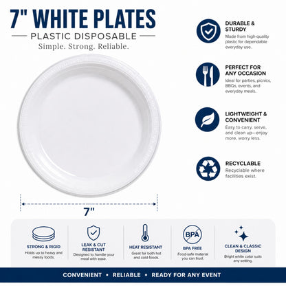 7" White Plates Plastic Disposable Disposable Plates Party Dimensions