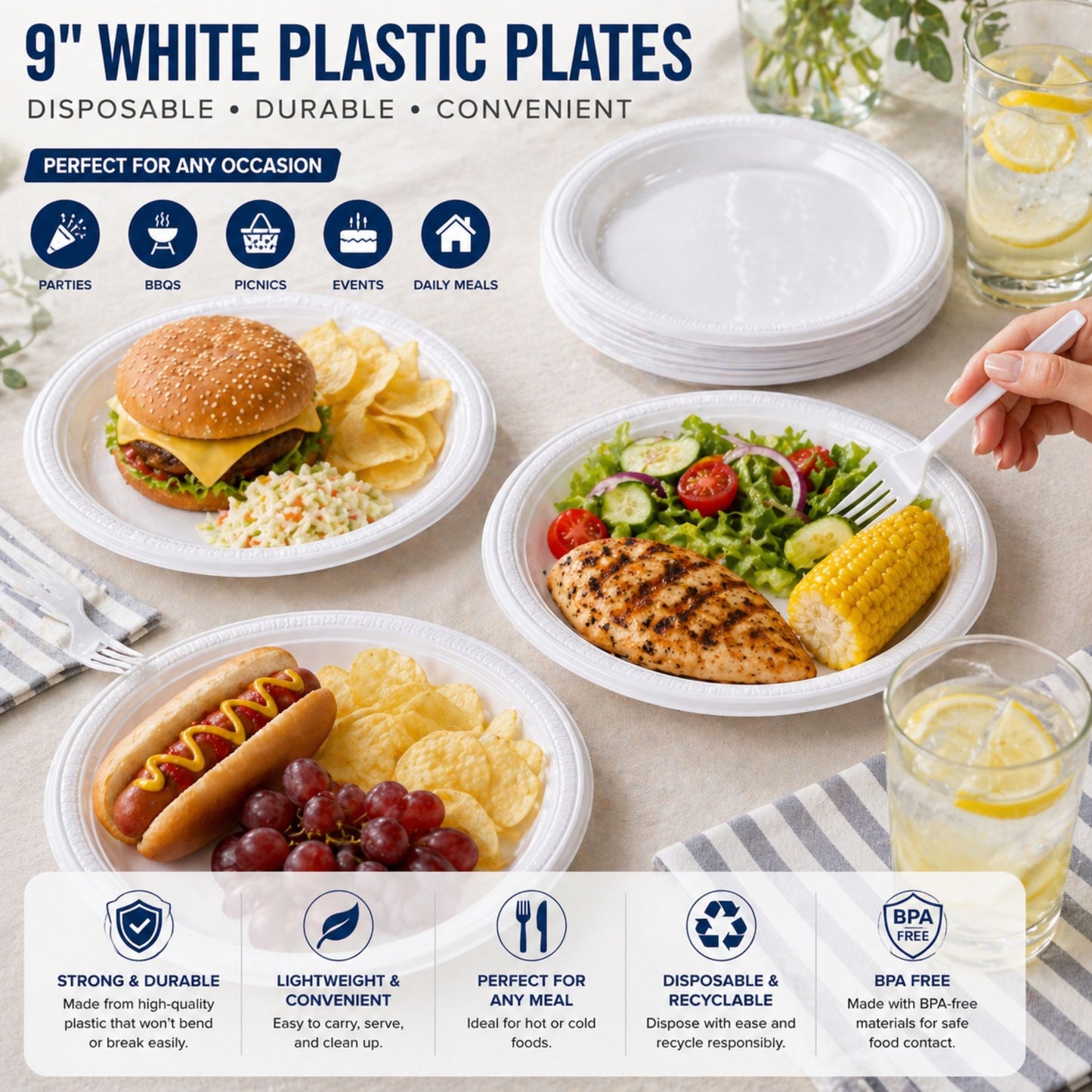 9" White Plastic Plates Disposable Disposable Plates Party Dimensions