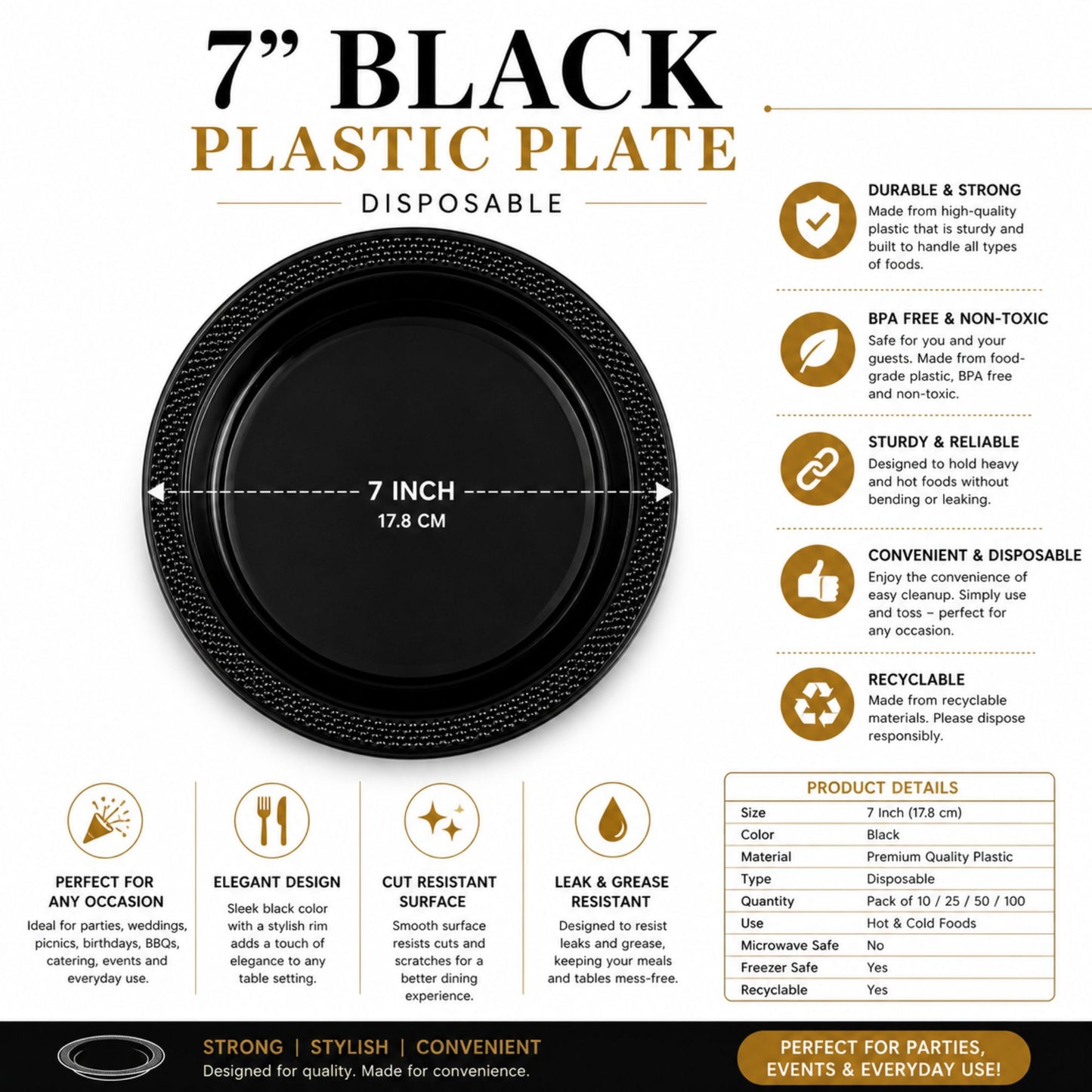 7" Plastic Black Plastic Plate Disposable Disposable Plates Party Dimensions
