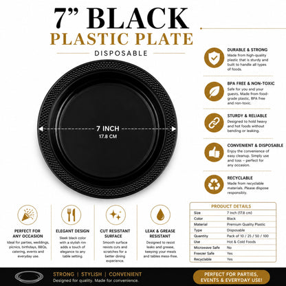 7" Plastic Black Plastic Plate Disposable Disposable Plates Party Dimensions