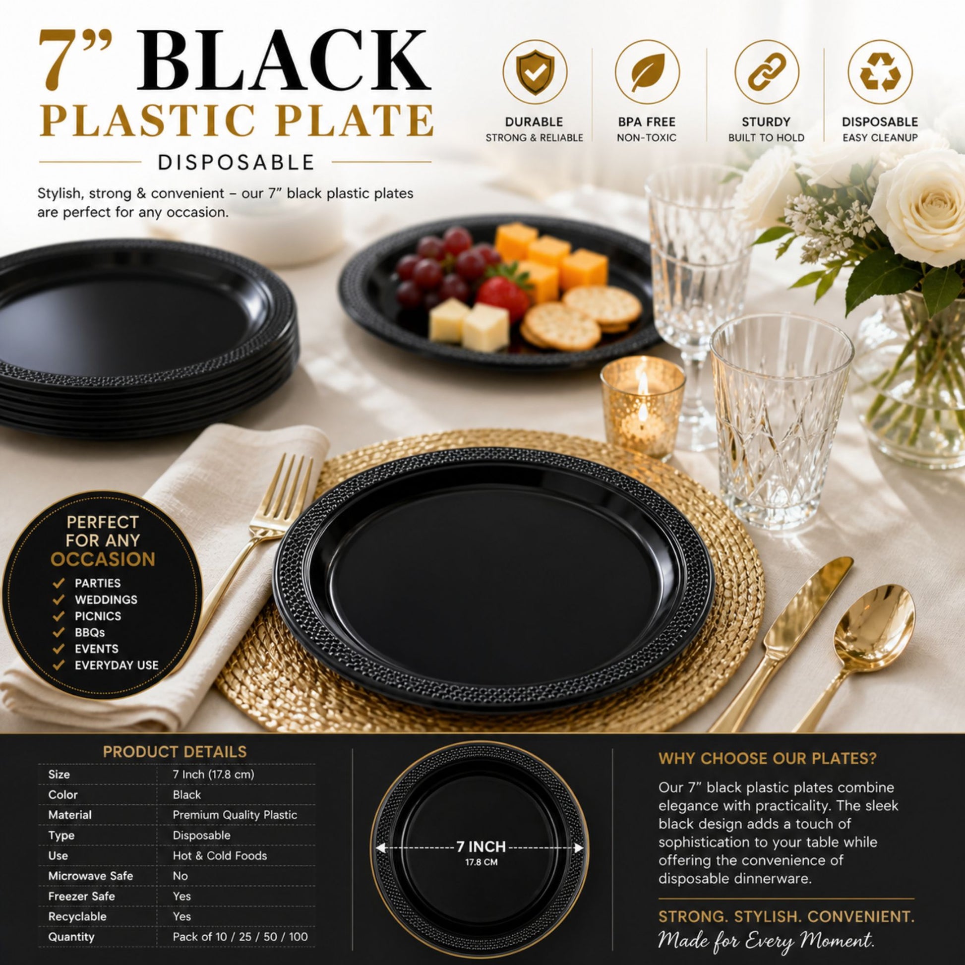 7" Plastic Black Plastic Plate Disposable Disposable Plates Party Dimensions