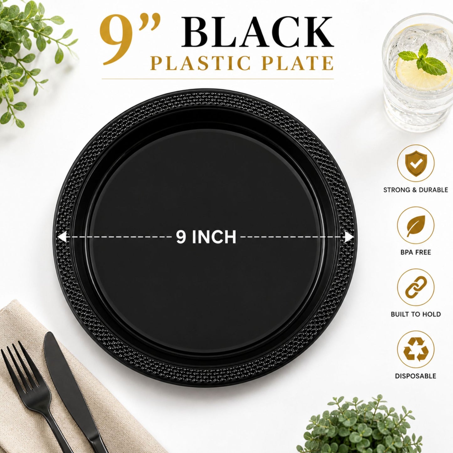 9" Plastic Black Plate Disposable Plastic