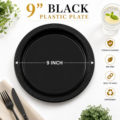 9" Plastic Black Plate Disposable Plastic