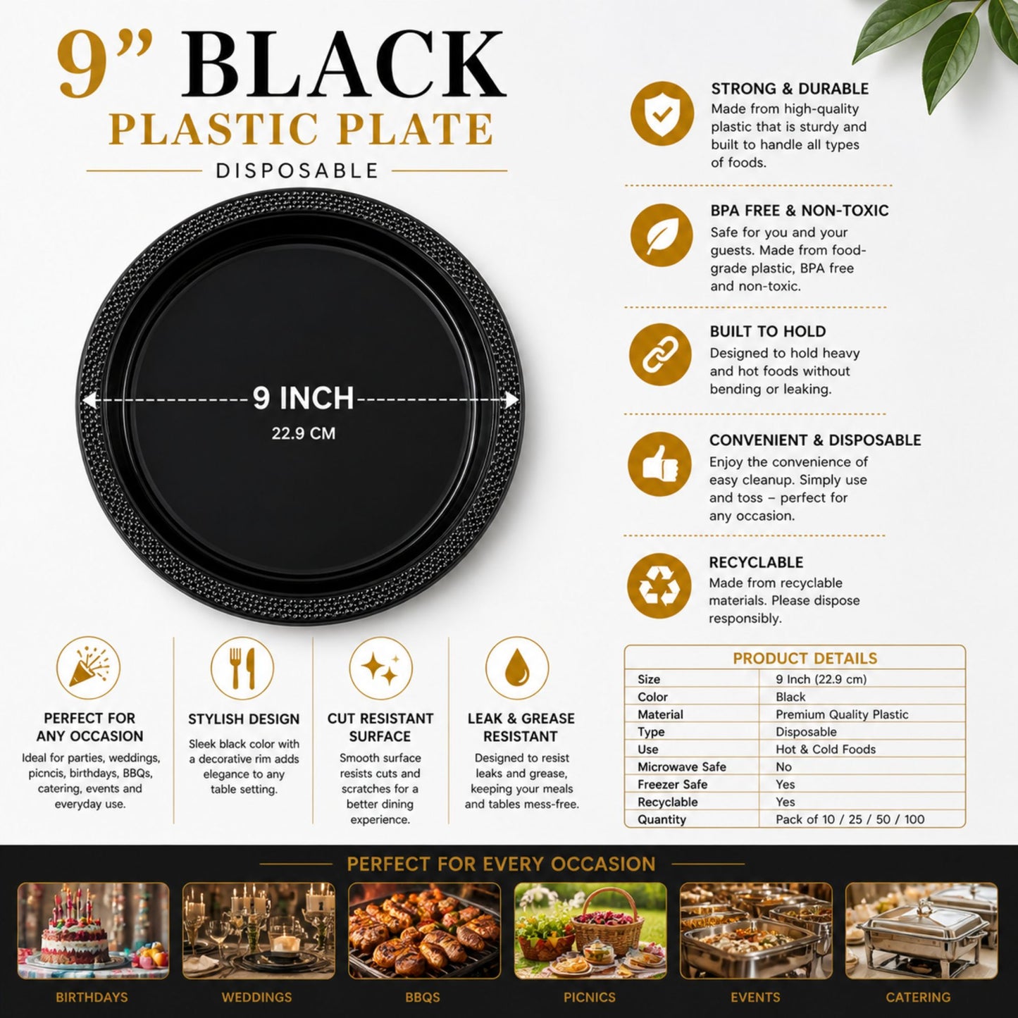 9" Plastic Black Plate Disposable Plastic