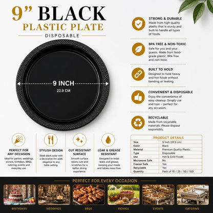 9" Plastic Black Plate Disposable Plastic