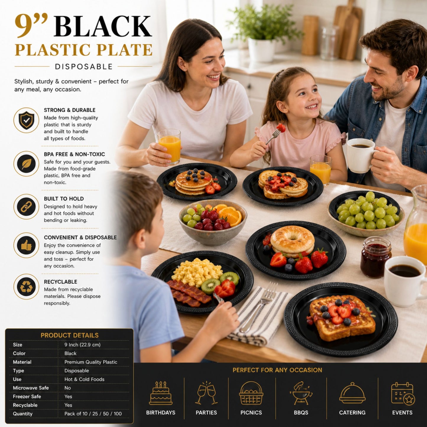9" Plastic Black Plate Disposable Plastic