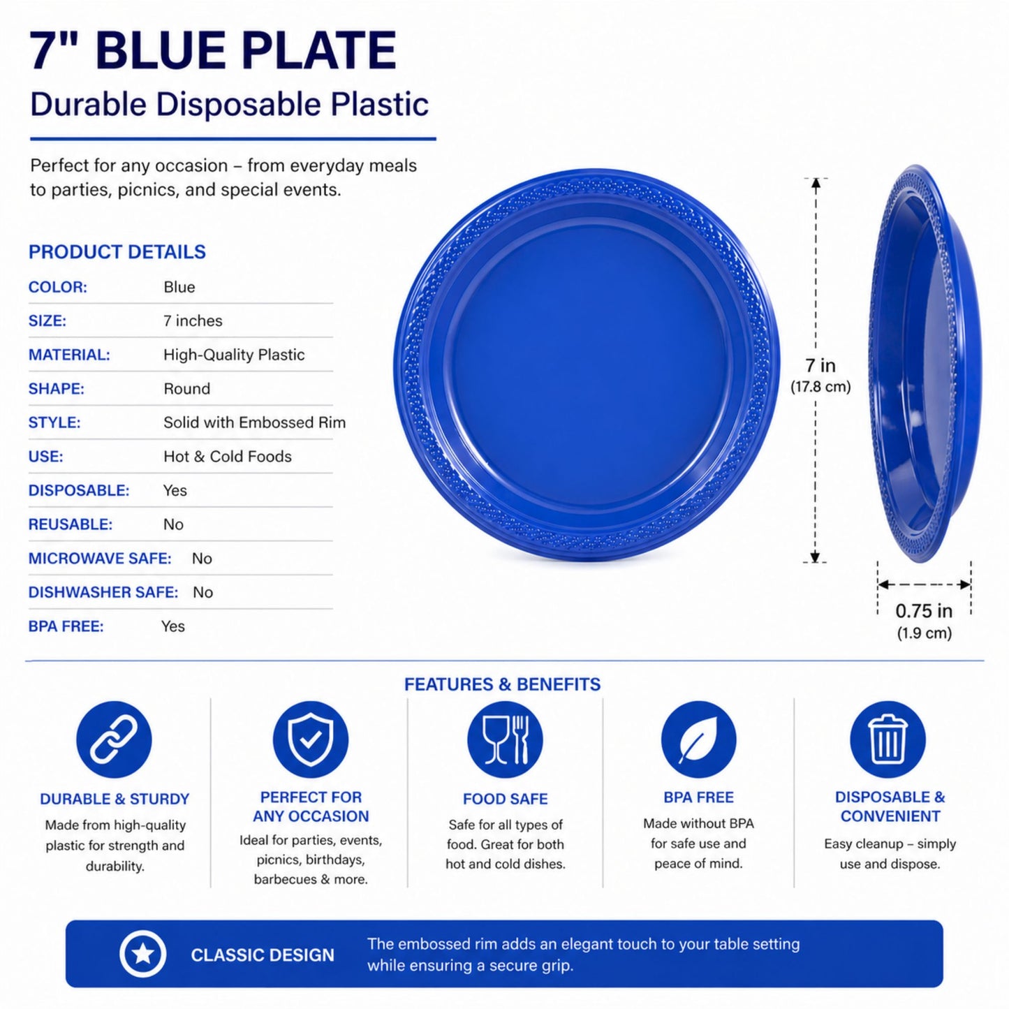 *BUY BULK* 7" Blue Plates Disposable Plastic Disposable Plates Hanna K Signature