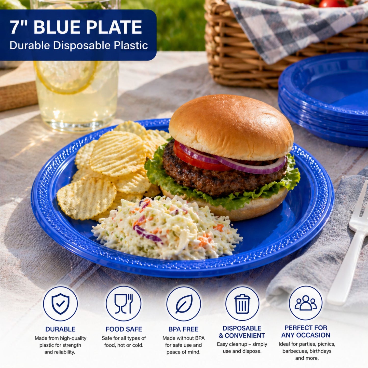 *BUY BULK* 7" Blue Plates Disposable Plastic Disposable Plates Hanna K Signature
