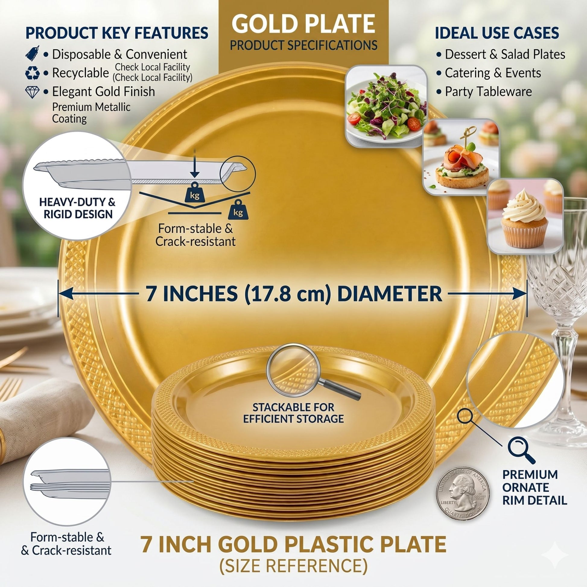 7" Gold Plastic Plate Disposable Disposable Plates Party Dimenions