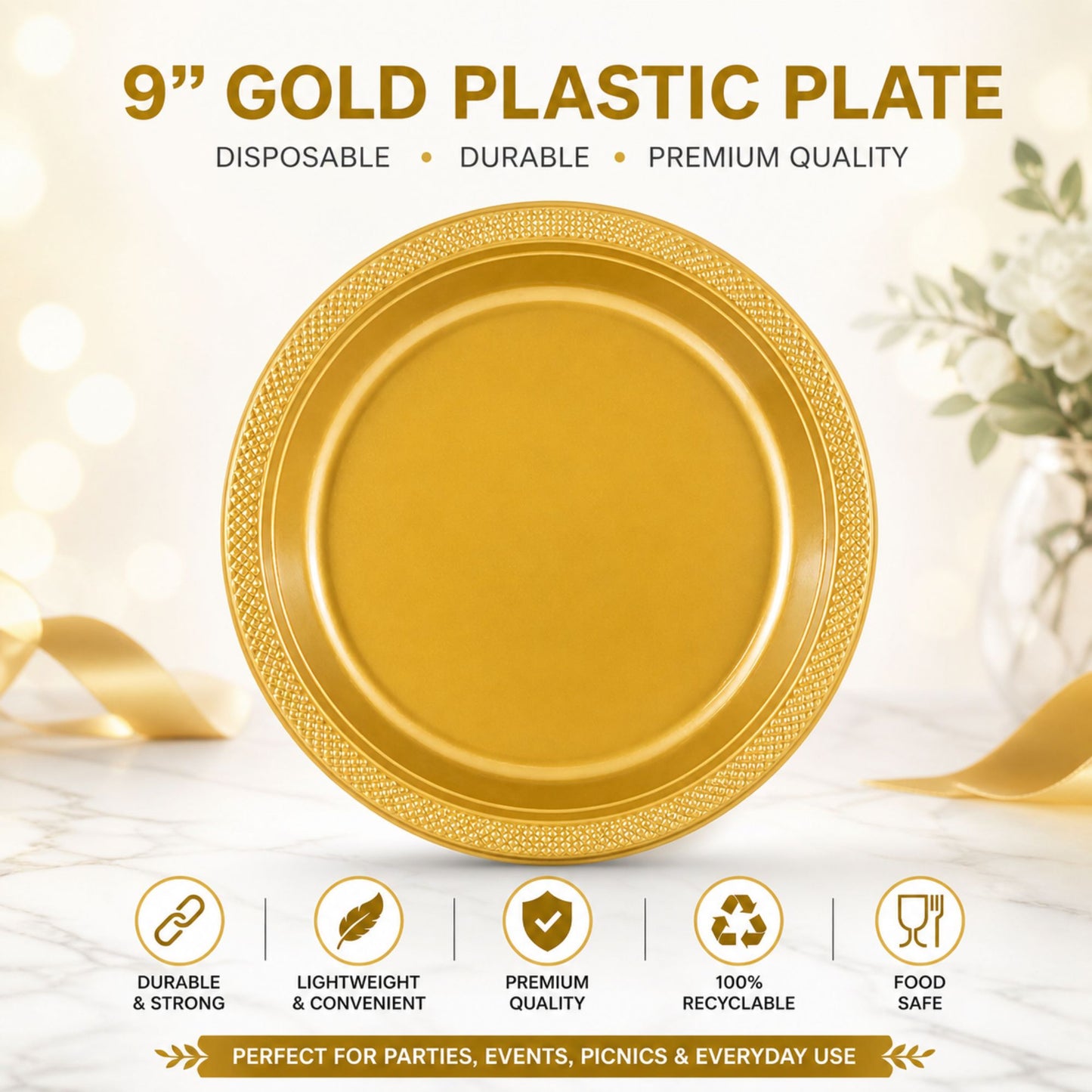 9" Gold Plastic Plate Disposable Durable Disposable Plates Party Dimenions